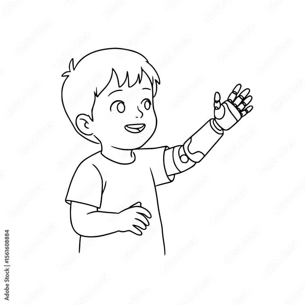 Poster young boy with prosthetic arm waving and smiling in a playful pose, isolated vector image on transpa