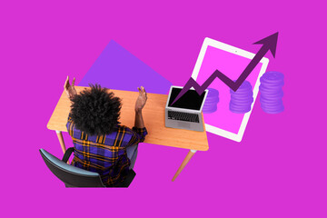 Full 3d poster art pop collage of happy businesswoman businessman sit office laptop arrow progress...