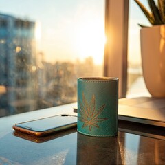 Teal cup, cityscape, sunrise