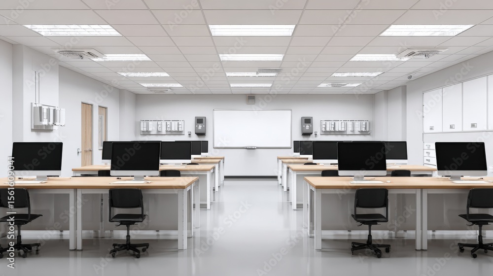 Poster Modern bright classroom with computers and whiteboard setup for teaching and learning.