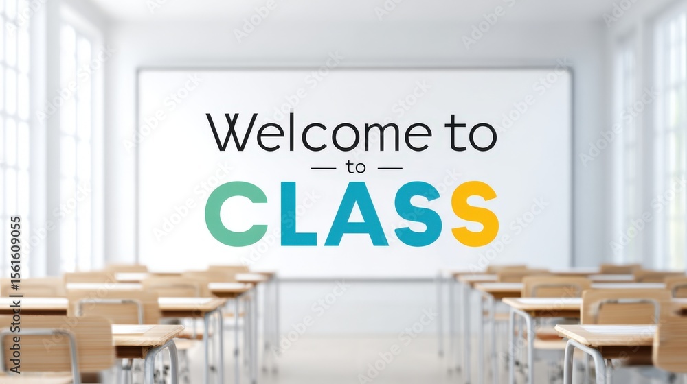 Poster bright modern classroom with large welcome to class sign and organized desks.