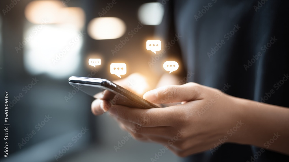 Poster person using smartphone for messaging and communication in modern digital environment.