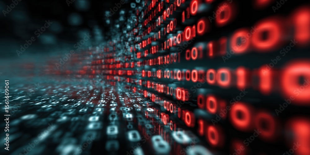 Poster Abstract Digital Data Stream with Red and Blue Binary Code and Digital Pattern.
