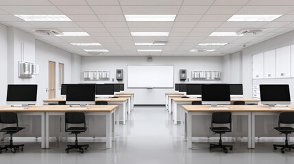 Modern bright classroom with computers and whiteboard setup for teaching and learning.