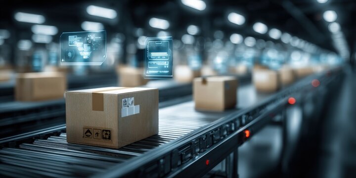 Modern automated warehouse conveyor belt with cardboard boxes and digital tracking icons.