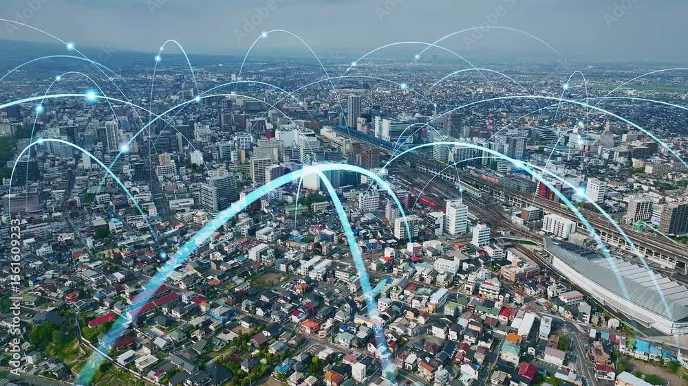 Poster drone aerial view of city and communication network concept