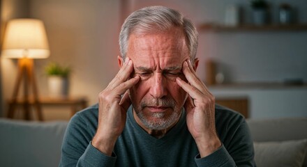 Senior caucasian man with headache holding head in hands, sitting in cozy living room with red glow on forehead indicating migraine or stress