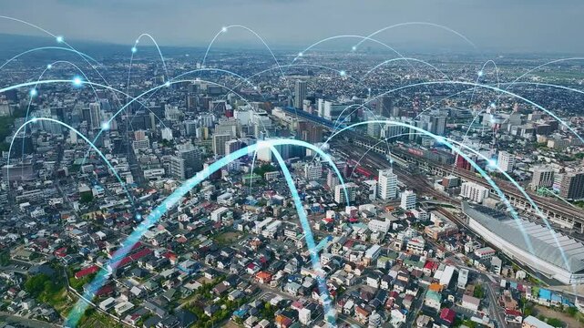 Drone aerial view of city and communication network concept