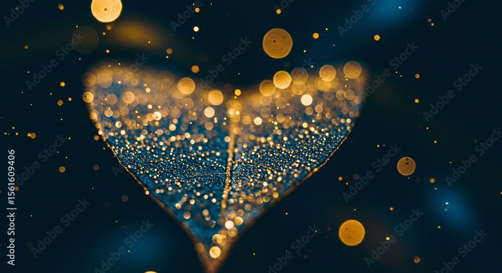 Poster abstract leaf vein with sparkling bokeh lights in golden color on dark background