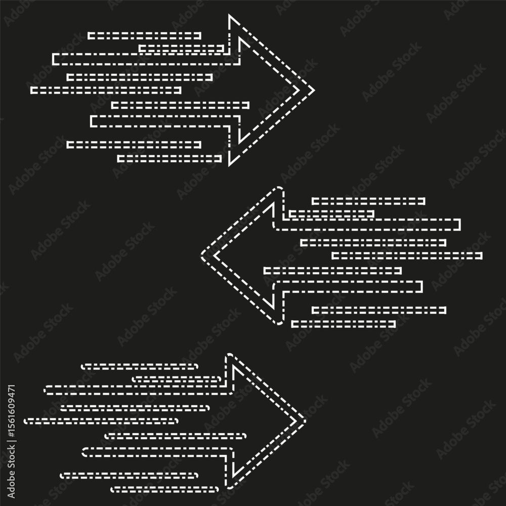 Poster dashed arrow icons. layered code motif. bold motion vector. dark tech graphic.