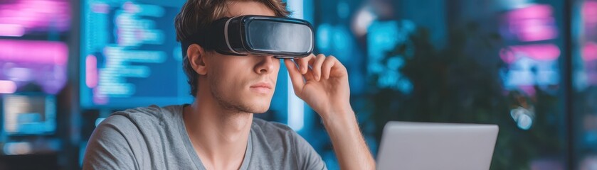 A person wearing virtual reality goggles interacts with digital content in a tech-savvy environment, illuminated by colorful lights.