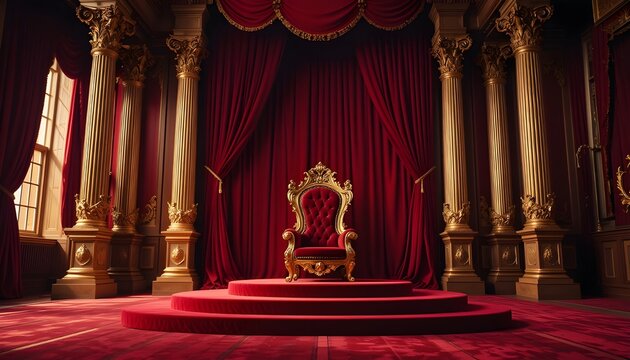 Luxury red throne room interior. Gold royal chair on red velvet stage. Ornate baroque design with gold columns and drapes. Glamour, elegance, royalty concept, history decor