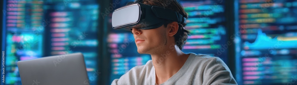Poster a person wearing a virtual reality headset while using a laptop in a high-tech environment filled wi