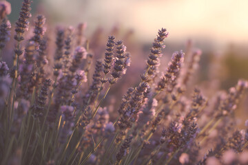 Lavender flowers blooming in field at golden sunset light, close up of purple blossoms with warm soft focus, tranquil romantic nature scene for floral decoration wellness spa or natural beauty backgro