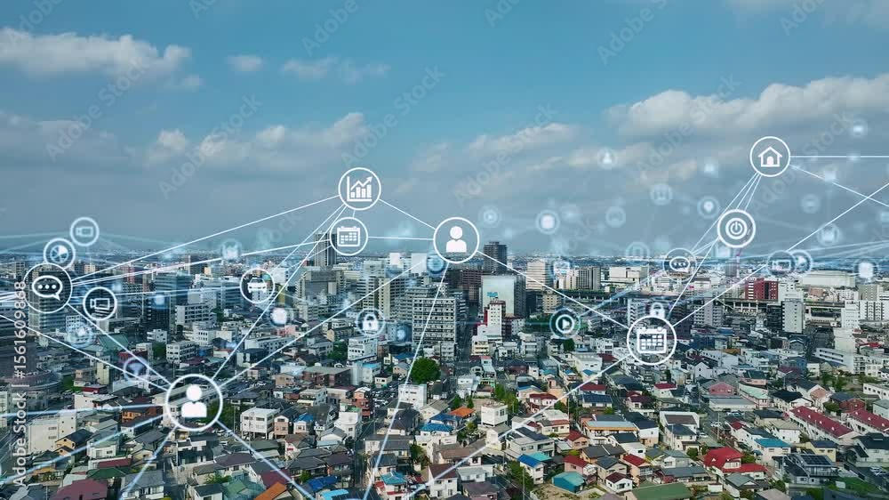 Aufkleber drone aerial view of city and communication network concept