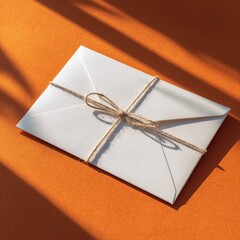 White envelope tied with twine on orange surface