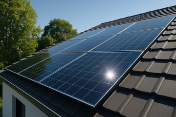 Obraz premium Modern solar panels installed on residential rooftop generating renewable energy under clear sky in eco friendly suburban setting