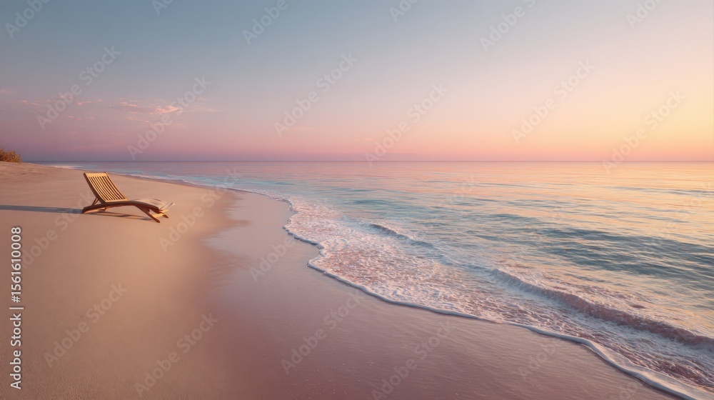 Aufkleber serene beach scene with calm waters and sunset sky over empty sandy shore.