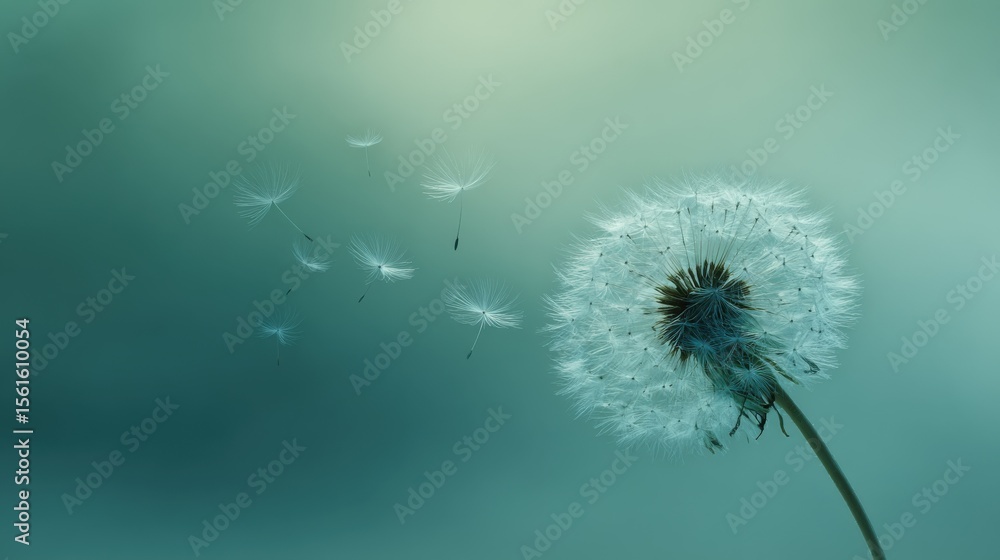 Poster close-up of a dandelion seed head with floating seeds against soft green background.