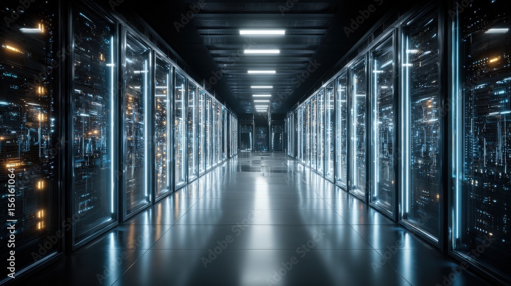 Poster Ultra Modern Data Center Corridor with Server Racks and Digital Technology.