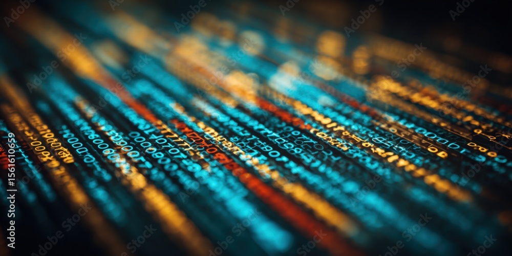 Poster Close-up of colorful floating binary code and digital data streams in neon light.