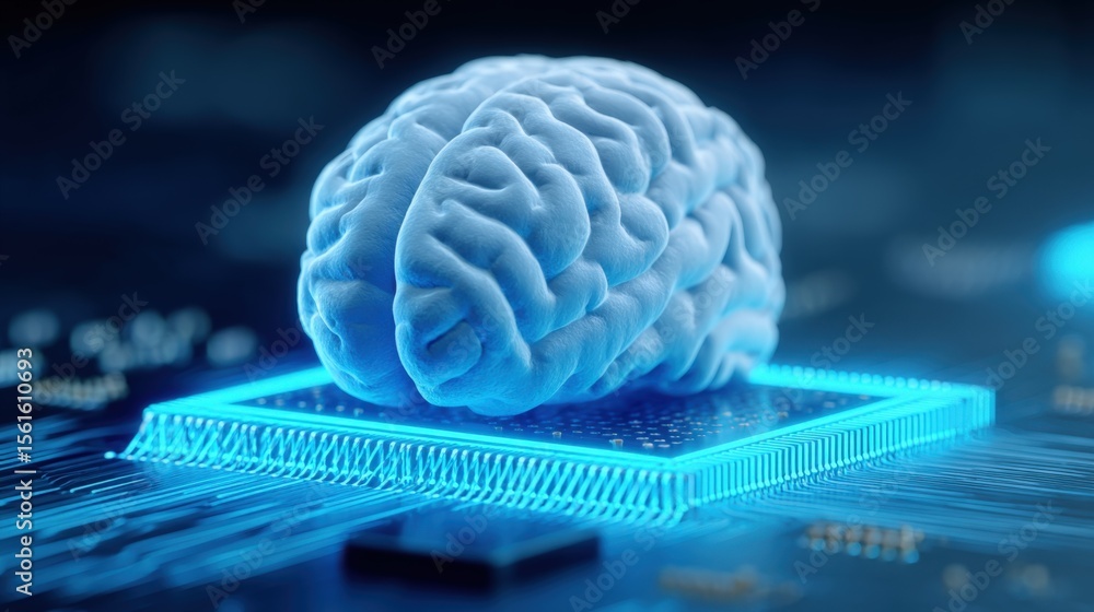 Poster highly detailed digital illustration of a human brain resting on a glowing microchip with futuristic