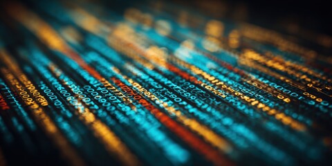 Close-up of colorful floating binary code and digital data streams in neon light.