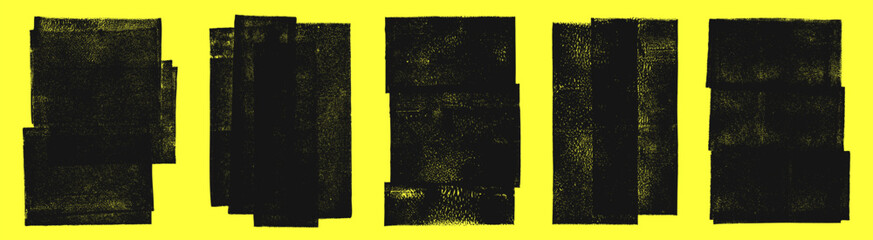 Grunge geometric textures set. Linocut, relief printing rectangle rough textured distressed shapes collection. Black uneven edge backgrounds, text frames. Paint roller stains, lino ink grungy remains