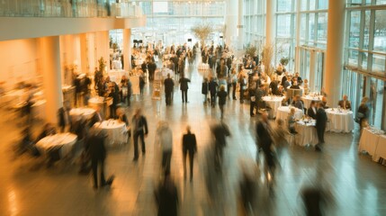 Large Modern Indoor Event Hall with Glass Walls Filled with Attendees and Displays.
