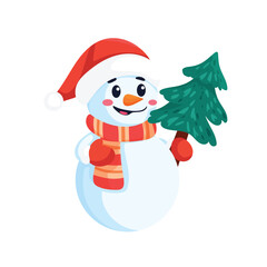 Snowman with a Christmas tree. Flat vector clipart, illustration with isolated background.