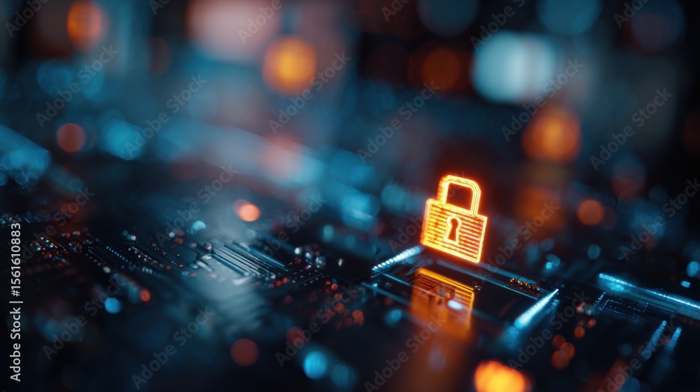 Poster close up of a bright orange digital lock icon on a modern circuit board in a technology network scen
