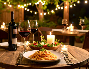Romantic Italian Dinner Spaghetti, Red Wine, and Candlelight