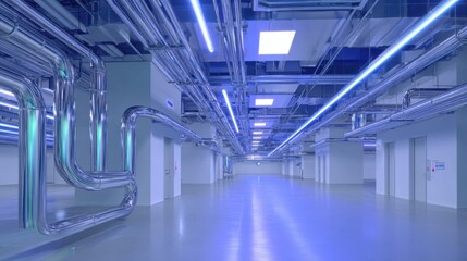Modern clean server room with metallic pipes and bright ceiling lights.