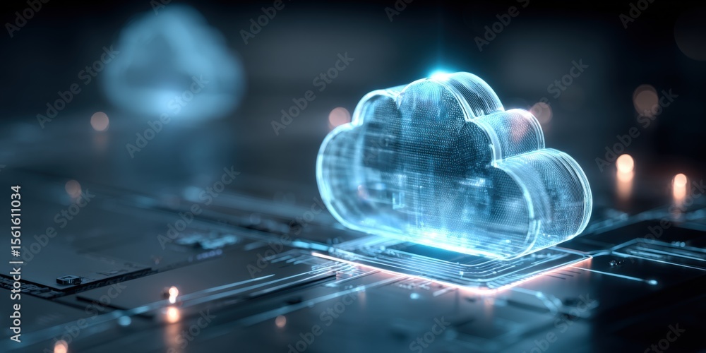 Poster glowing digital cloud icon with futuristic technology elements on dark background.