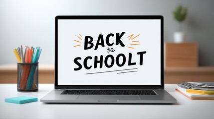 Modern laptop displaying back to school message with supplies and workspace setup.