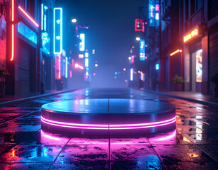 Cyberpunk Alleyway Neon Lights, Wet Pavement, and a Steel Podium