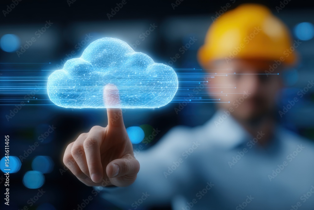 Poster Digital cloud computing concept with a person interacting with a holographic cloud icon.