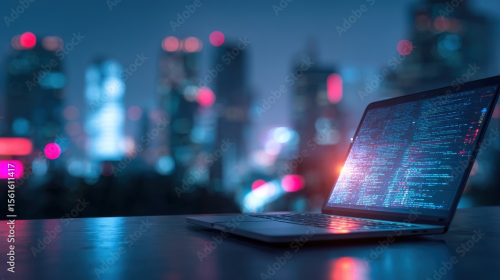 Poster modern laptop with colorful code on screen glowing in nighttime cityscape background.