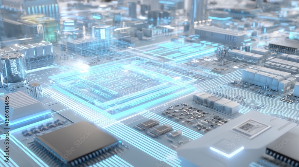 Poster Advanced futuristic computer circuit board with glowing microchip technology.