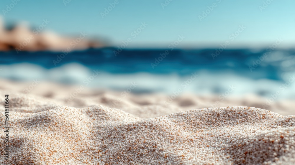 Poster close-up of sandy beach with fine textured sand and gentle ocean waves in the background.