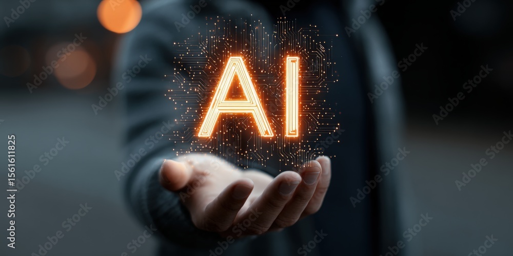 Poster businessman holding glowing ai symbol representing artificial intelligence innovation.