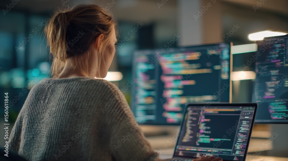Poster Woman programming coding software on multiple computer screens in modern office environment.