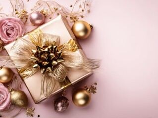 beautifully wrapped golden gift box is on a light pink surface, surrounded by gold and pink decorations