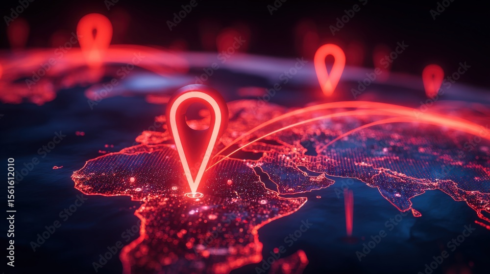 Poster Futuristic digital map with glowing location markers highlighting connected global points.