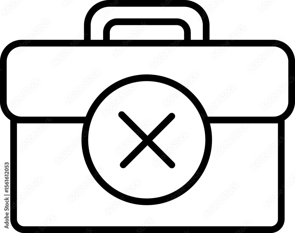 Poster toolbox with cross symbol black outline simple design isolated on white representing error prohibiti