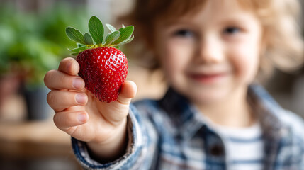 Child savoring a strawberry. A happy child holds a ripe strawberry in hand, smiling amid lush green plants in a garden setting.