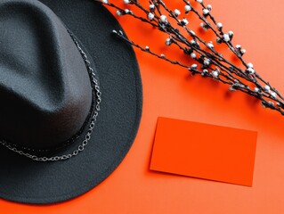 Black hat is on a solid orange surface with some pretty botanical elements and a blank card next to it.