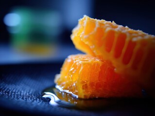 close up of two pieces of honeycomb dripping with honey on a dark surface with blurred background