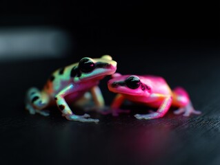 Two brightly colored frogs are isolated on black and staring at the viewer.