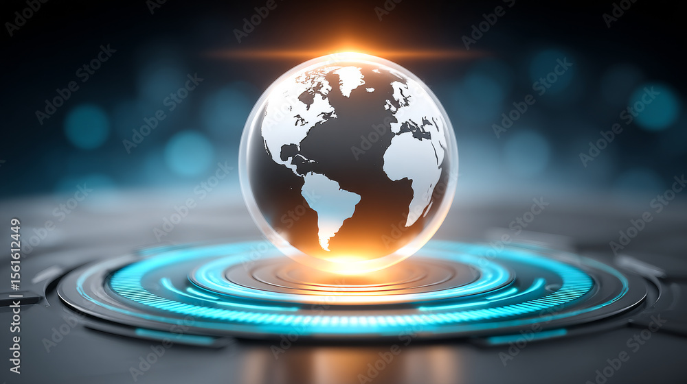 Poster glowing globe on a high-tech platform. a luminous globe floats above a circular platform, depicting 
